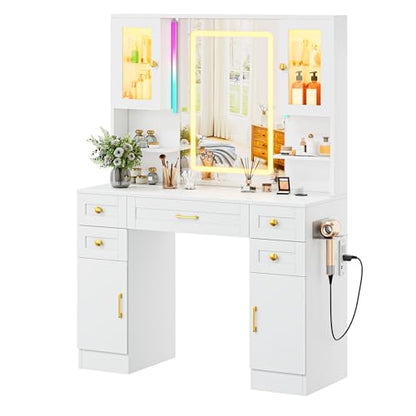 Vanity Desk with Mirror and LED Lights & Power Outlet | Large Makeup Vanity Table with 5 Drawers and 4 Storage Cabinets, White Dressing Table for Bedroom - size: 049 Soft White