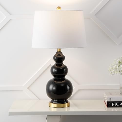 JONATHAN Y Bowen 27.5" Ceramic Triple Gourd Table Lamp, Black/Brass Gold | Contemporary, White Linen Drum Shade, Modern Transitional Style, Metal Base, LED Bulb Included - color: Black