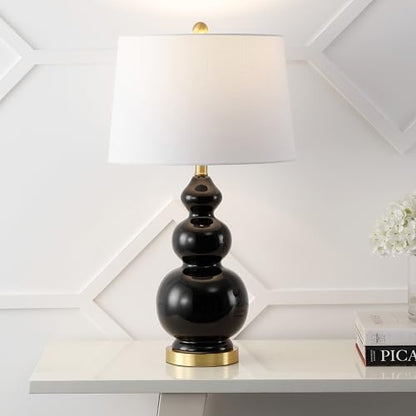 JONATHAN Y Bowen 27.5" Ceramic Triple Gourd Table Lamp, Black/Brass Gold | Contemporary, White Linen Drum Shade, Modern Transitional Style, Metal Base, LED Bulb Included - color: Black