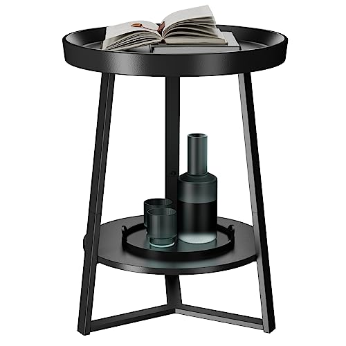 Round End Table with Storage Shelf, 2 Tier Farmhouse Side Table Nightstand for Living Room, Bedroom, Wood Tabletop & Black Metal Frame, Black 15.7 * 15.7 * 23.0inches - color: Black, size: 15.7"D x 15.7"W x 23"H (no Charging Station)