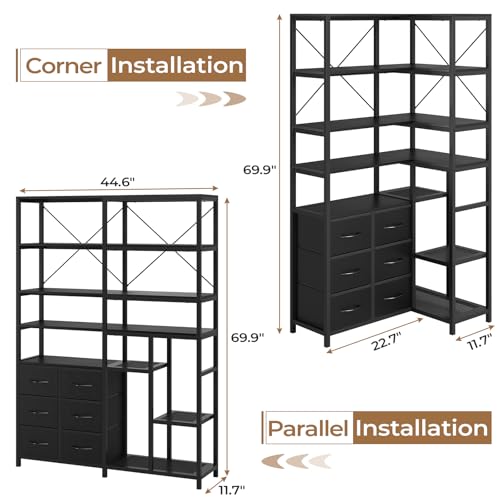 Corner Bookshelf, 7-Tier Bookcases Tall Convertible Book Shelf, Black | Industrial Corner Bookshelves with 6 Fabric Drawers, for Living Room, Kitchen, Home Office - color: Black