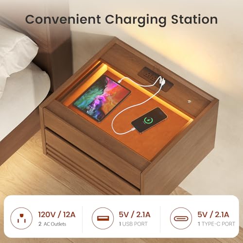 Floating Nightstand Set of 2with Charging Station and LED, Brown | Wall Mounted with Touch Control Light, Fluted Glass Drawer, Bedside Table for Small Spaces, Easy Assembly