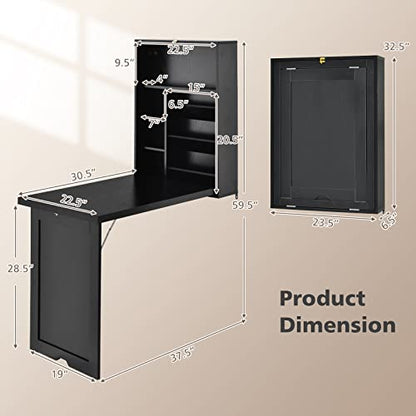 GOFLAME Wall Mounted Folding Desk with 3-Tier Tilt Storage Partition and Adjustable Shelves, Space-Saving Convertible Writing Desk for Home Office, Black - color: Black