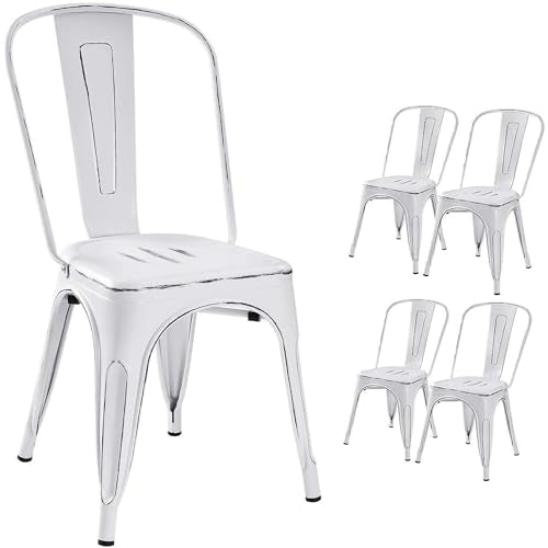 Devoko Metal Indoor-Outdoor Chairs Distressed Style Kitchen Dining Chairs Stackable Side Chair with Back Set of 4 (White) - color: White