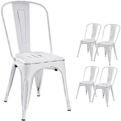Devoko Metal Indoor-Outdoor Chairs Distressed Style Kitchen Dining Chairs Stackable Side Chair with Back Set of 4 (White) - color: White