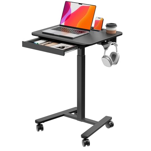 Small Mobile Standing Desk with Drawer, 23.6" x 19.7" Top | Height Adjustable Rolling Teacher Desk with Cup Holder and Hooks, Portable Workstation on Wheels for Classroom & Study, Black - color: Black, size: 24"