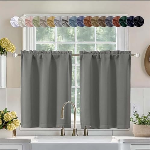 Aiyufeng Light Grey Short 36 Inches Blackout Curtain 2 Panels Set, Half Window Rod Pocket Privacy Curtain Tiers for Kitchen, Curtains Blackout for Bathroom Shades, W40 x L36 Inch, Light Grey - color: Grey, size: 40"W x 36"L (Pack of 2)