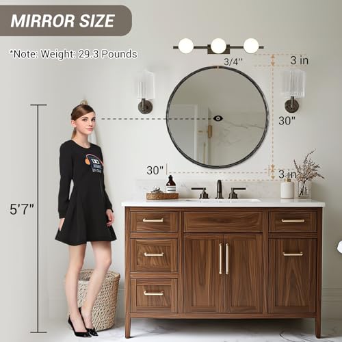 Hand-Forged Black Round Mirror for Wall, 30 Inch Solid Steel Metal Frame Circle Mirror, Antique Rounded Hammered Bathroom Mirror for Living Room, Bedroom, Entryway, Vanity - color: Black, size: 30"L x 30"W