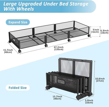 Under Bed Storage with Wheels 47.2"(L)/57.6L Large Rolling Under Bed Storage, Metal Underbed Containers on Wheels, Tool-Free Assembly Foldable Metal Underbed Drawers for Shoes Clothes Toys - size: 2 Pack (47.2×15.7")