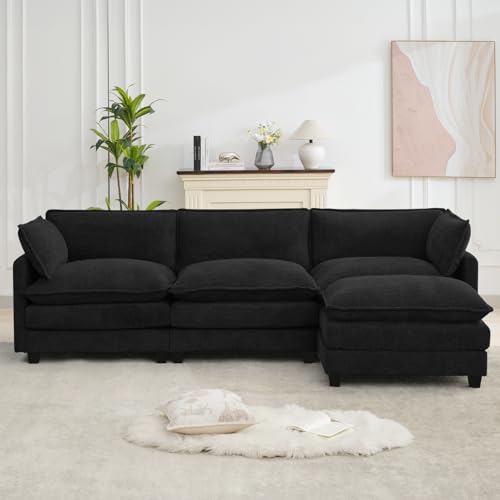 ROWHY Oversized Modular Sectional Couch with Movable Ottoman, 112" Modern Convertible L Shaped Sofa Set, 4 Seat Comfy Cloud Couch with 2 Throw Pillows, for Living Room and Office, Chenille, Black - color: Chenille Black, size: 4 Seats L-Shaped