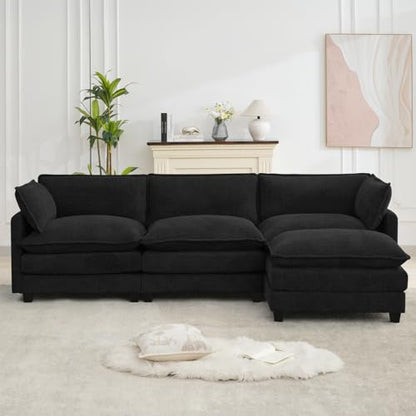 ROWHY Oversized Modular Sectional Couch with Movable Ottoman, 112" Modern Convertible L Shaped Sofa Set, 4 Seat Comfy Cloud Couch with 2 Throw Pillows, for Living Room and Office, Chenille, Black - color: Chenille Black, size: 4 Seats L-Shaped