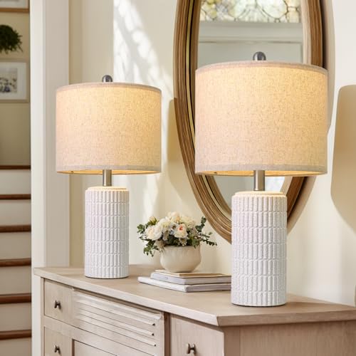 PoKat 20.75" Stone-Like Farmhouse Ceramic Table Lamps Set of 2 for Bedroom, White Bedside Lamps for Night Stands, Matte-Textured Decor Nightstand Table Lamps for Living Room End Table White - color: Frosted White