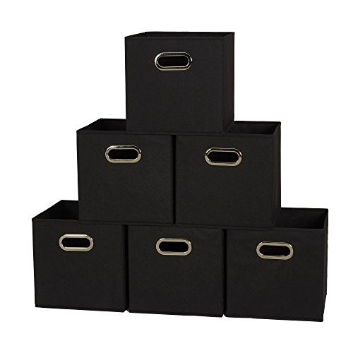 Household Essentials Foldable Fabric Storage Bins 6 Piece Set, Strong Poly-Woven Fabric, Sturdy Chipboard Sides, Grommet Front Handle, Stackable, Classic Design, Black - color: Black, size: 11” L x 11” W x 11” H
