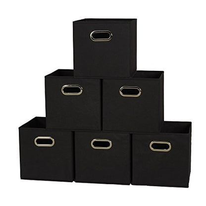 Household Essentials Foldable Fabric Storage Bins 6 Piece Set, Strong Poly-Woven Fabric, Sturdy Chipboard Sides, Grommet Front Handle, Stackable, Classic Design, Black - color: Black, size: 11” L x 11” W x 11” H