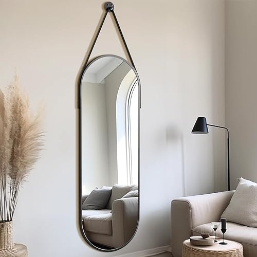 Dewfig 48"x16" Full Length Mirror, Oval Wall Mirror Leather Strap, Black | Hanging Mirror with Aluminum Frame, Leaning/Hanging/Wall-Mounted, Suitable for Bedroom, Livingroom, Cloakroom, Entryway - color: Black-oval, size: 48"L x 16"W