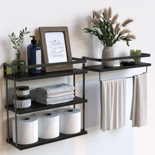 RICHER HOUSE Floating Shelves Bathroom, Wall Mounted Shelf Over Toilet | 3+1 Tier, with Metal Rail, Towel Rack, Paper Storage Shelf, Wall Shelves Decor for Bathroom, Kitchen, Rustic, Wood, Black - color: Black, size: 3+1 Tier Size
