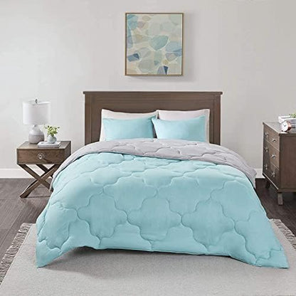 Comfort Spaces Vixie Reversible Comforter Set - Trendy Casual Geometric Quilted Cover, All Season Down Alternative Cozy Bedding, Matching Sham, Aqua/Gray, Twin/Twin XL 2 piece | Down Alternative, All Season, Bedding for Bedroom, Geometric Pattern, Reversi