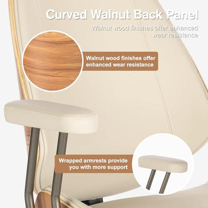 Modern Mid Back Office Chair, Adjustable Swivel Desk Chair with Arms, Beige | Faux leather seat, wood accent detail, mid-back with padded armrests, adjustable swivel, for home office, bedroom & study - color: Beige, size: 1-Piece Back / No Headrest