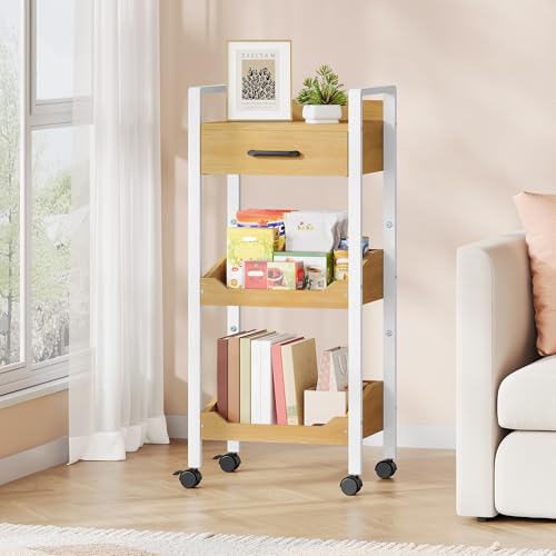 Hoctieon 3-Tier Rolling Storage Cart with Drawer, Rolling Utility Cart Organizer, Mobile Shelving Unit with Wheels, Metal Frame, Kitchen Utility Cart for Small Space, Office, Bathroom, Oak Beige - color: Oak Beige