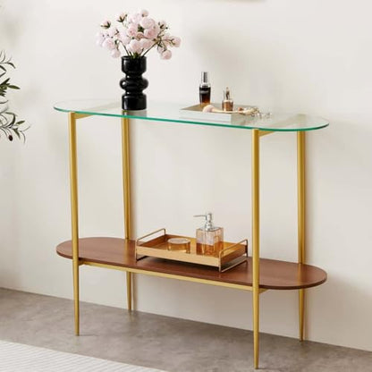 LumFurn Oval Glass Console Table for Living Room, Foyer & Entrance, 2-Tiers Mid-Century Modern Sofa Table with Clear Glass Top, Walnut Finish Wood Shelf and Gold Finish Frame - color: Oval L40.9" Clear & Walnut