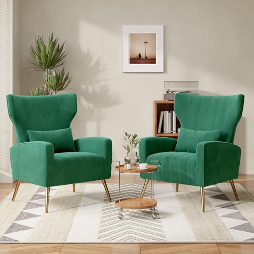 Nebuaegis Velvet Accent Chair Set of 2Wingback for Living Room, High Back Arm Chair with Golden Legs Lumbar Pillow, Upholstered Single Sofa Bedroom Green - color: Green, size: Set of 2