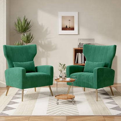 Nebuaegis Velvet Accent Chair Set of 2Wingback for Living Room, High Back Arm Chair with Golden Legs Lumbar Pillow, Upholstered Single Sofa Bedroom Green - color: Green, size: Set of 2