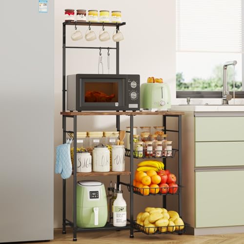 SWTYMIKI Bakers Rack with Storage - Coffee Bar Cabinet with Shelves, Coffee Station Organizer and Kitchen Stand with 8 Hooks, Baskets, Adjustable Feet for Kitchen Dining Room Pantry, Espresso - color: Espresso, size: Coffee Station with Basket