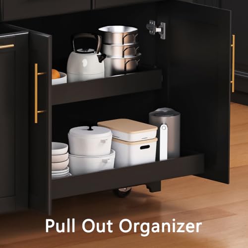 Kitchen Island with Trash Can Storage & Pull-Out Trays | Solid Rubberwood Countertop Kitchen Island on Wheels, Drop Leaf, Power Outlet, 3 Drawers - color: Black