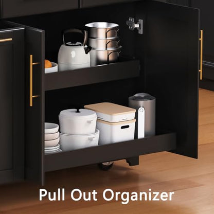 Kitchen Island with Trash Can Storage & Pull-Out Trays | Solid Rubberwood Countertop Kitchen Island on Wheels, Drop Leaf, Power Outlet, 3 Drawers - color: Black