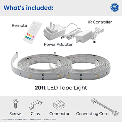 GE LED Tape Light, Color Changing Plug-In Light Strip Fixture with Timer, 20ft - size: 20 ft 1 pack