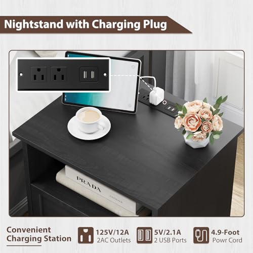 Black Night Stand with Charging Station, Farmhouse Bedside Table & End Table with 2 Drawers and Unique Base Design, Wood Nightstand with Metal Handles for Bedroom, Living Room - color: Black, size: 1 Piece