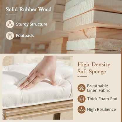 LUE BONA Upholstered Fabric Vanity Bench Seat, Makeup Stools for Vanity, Square Tufted Ottoman Bench with Carved Wood Color Legs for Bedroom Living Room, Beige - color: Beige and Wood