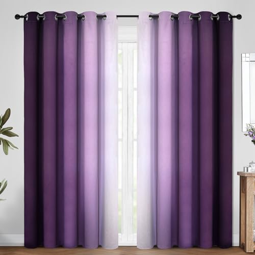 COSVIYA Grommet Room Darkening Ombre Purple Curtains W70xL84 inch | Purple and Greyish White Gradient Drapes, Light Blocking, Insulated Thermal Window Curtains for Bedroom/Living Room,2 Panels - color: Purple to Grayish White, size: 70"W x 84"L (Pack of 2