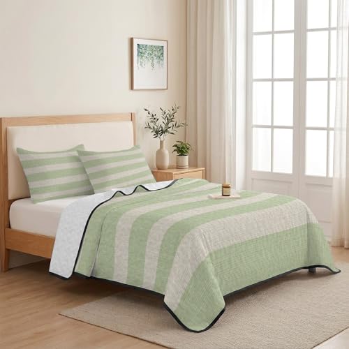Queen Quilt Bedding Set, Sage Green Stripes Farmhouse Lightweight Coverlet Summer Comforter Set Soft Microfiber Bedspread, Retro Linen Texture 3 Piece Quilt Set with 2 Pillow Shams All Seasons Use - color: Green, size: 90x96in