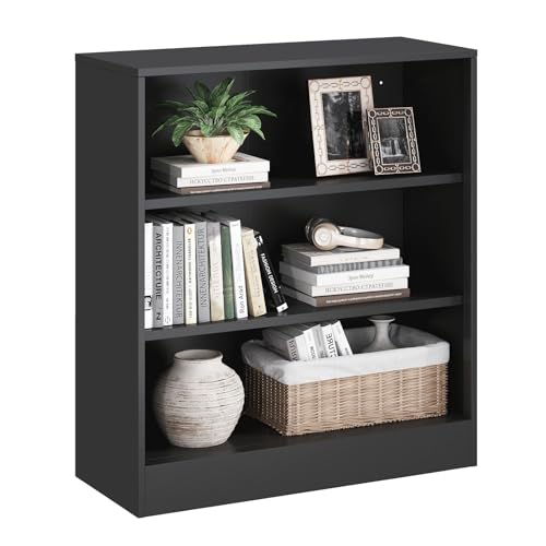 IRONMIX Black Short Bookshelf for Classroom, 3-Tier Metal Bookshcase | Small Bookcase for Small Places, Open Bookshelf with Adjustable Shelves, Cabint Display for Home Office, Library, Living Room - size: 31.5" W-35.5" H - 1 set