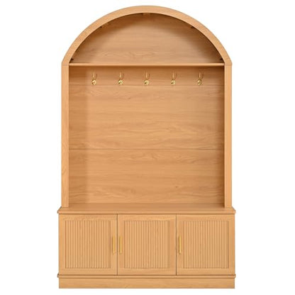 Farmhouse Fabric Arched Top Hall Tree with Wood Grain Finish, All-in-One Mudroom Furniture with Adjustable Shelves, Open Shelf, 5 Metal Hooks, Fluted Door Entryway Bench for Hallway (Natural-42) - color: Natural-42