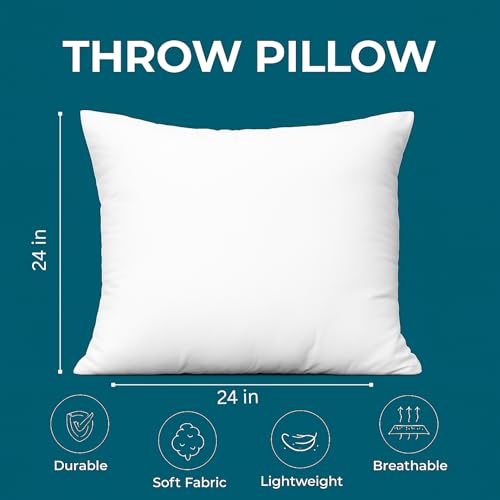 LANE LINEN 24x24 Throw Pillow Inserts Set of 2, Large, Back Support - White | Modern Solid Pillow Inserts For Sofa & Bed Support - Ultra-Soft 120 GSM Fabric, Everyday Home Decor Refresh, Machine Washable - size: 24x24