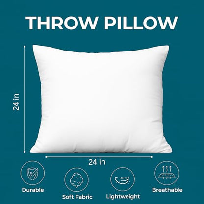LANE LINEN 24x24 Throw Pillow Inserts Set of 2, Large, Back Support - White | Modern Solid Pillow Inserts For Sofa & Bed Support - Ultra-Soft 120 GSM Fabric, Everyday Home Decor Refresh, Machine Washable - size: 24x24