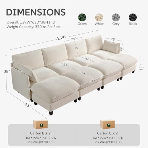 Ihanherry 139" Sleeper Sofa, Modular Sectional Sofa，Oversized Cloud Sofa with Large Cushions & 4 Movable Ottoman, Chenille Deep Seat Sectional for Living Room, Beige - color: Beige Cream, size: 139“ 8 Seat Sleeper Sofa