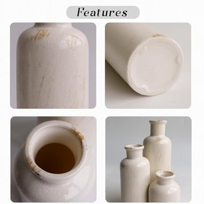 Pampas Grass with Vase Set – 3 Beige White Ceramic Vases with Natural Dried Pampas, Bunny Tails & More – Neutral Farmhouse Decor for Fireplace, Home, Mantel, Entryway, Kitchen & Boho Table Centerpiece