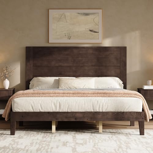 AMERLIFE King Size Solid Wood Bed Frame with 48" Headboard Design, Walnut | Solid Wood Construction, Tall Headboard, Mid Century Design, Silent Wood Slats, Dark Walnut Finish - color: Walnut, size: King