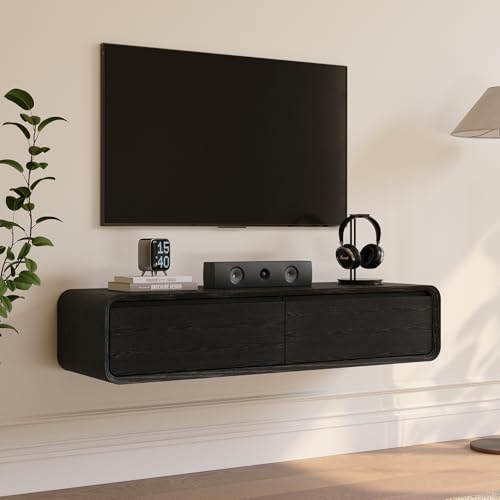 POVISON Fully-Assembled Minimalist Floating TV Stand, Modern Wall-Mounted Entertainment Center with 2 Flip-Down Cabinet Doors, Solid Wood Media Console, Black, 47.24" - color: Black, size: 47.24"