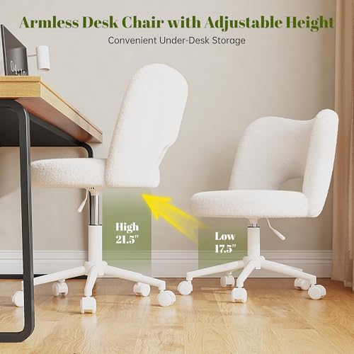 DurayLoly Vanity Chair with Open Back & Wheels White | Swivel, Fluffy Teddy Fabric, Height Adjustable,300lbs for Makeup Room, Vantiy, Bedroom - color: White