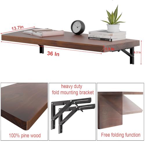 IAE Wall Mounted Folding Table with Pine Wood,36" x 14"Floating Wall Desk | Laundry Folding Table with Shelf Brackets,Fold Down Desk Shelf,Fold Workbench for Apartments,Home,Laundry Room,Kitchen,Brown - color: Brown, size: 36*13.7*6.3 Inch