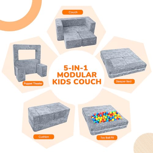 MeMoreCool Glow in Dark Dog Kids Couch, Fold Out Loveseat Sofa 39x20x16in | Grey dog glow in dark kids loveseat with armrests and pocket - color: Dog
