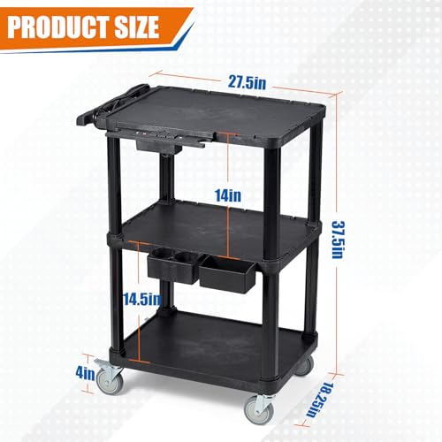 3-Tier Heavy Duty AV Cart with Power Strip, 27.5 x 18.25 in | 330 lbs Capacity, Flat Top Shelves, Industrial Rolling Cart, Swivel Wheels, AV Equipment Stand, Work Cart, Organizer - style: With Power Strip