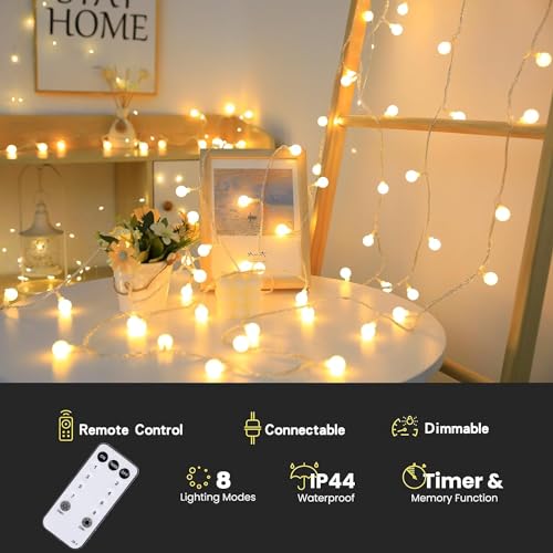 RaThun Globe String Lights Plug in 116 Ft. 200 LED 8 Modes with Remote,Waterproof Fairy String Lights for Indoor Outdoor Bedroom Party Wedding Garden Christmas Tree Decor,Warm White | 200 LED Fairy Lights with Timer, 8 Modes, 16ft Extended Lead, Plug in f