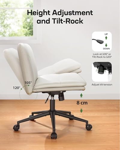 Marsail Armless-Office Desk Chair with Wheels: PU Leather Cross Legged Wide Chair,Comfortable Adjustable Swivel Task Chairs for Home,Office,Make Up,Small Space,Bed Room(Light Beige) - color: Light Beige