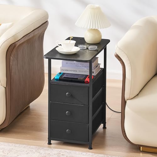 Narrow End Table with Charging Station, Narrow Side Table with 3 Fabric Drawers, Slim Nightstand with LED Light, Small Bedside Table with Storage, Living Room, Bedroom, Black HKET1303BK - color: Black, size: 11.8" W x 23.6" D, style: Power + Light