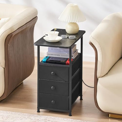 Narrow End Table with Charging Station, Narrow Side Table with 3 Fabric Drawers, Slim Nightstand with LED Light, Small Bedside Table with Storage, Living Room, Bedroom, Black HKET1303BK - color: Black, size: 11.8" W x 23.6" D, style: Power + Light